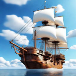 A majestic flying ship sailing through a clear blue sky with fluffy white clouds