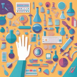 Two hands using science instruments are placed in the middle of the image, with a table full of various scientific instruments underneath