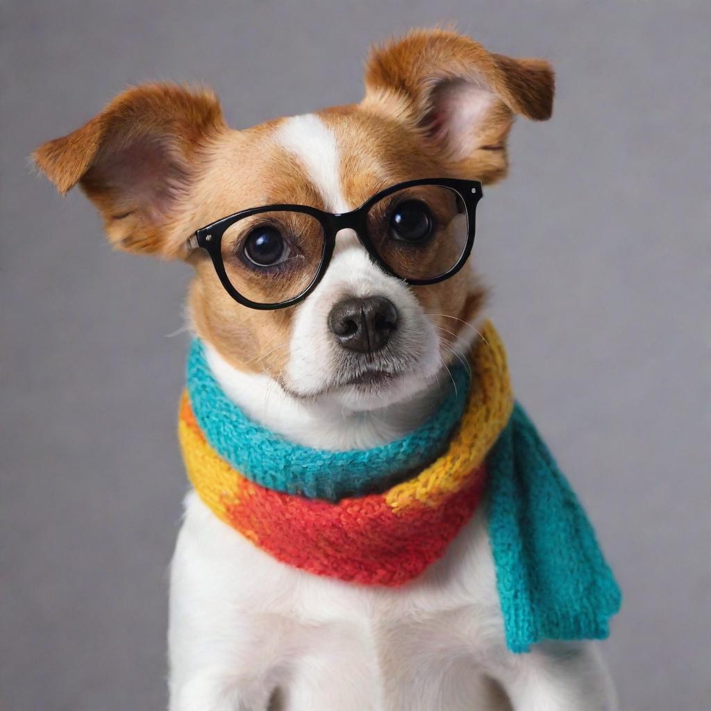 Cute little dog wearing sophisticated glasses and a colorful scarf