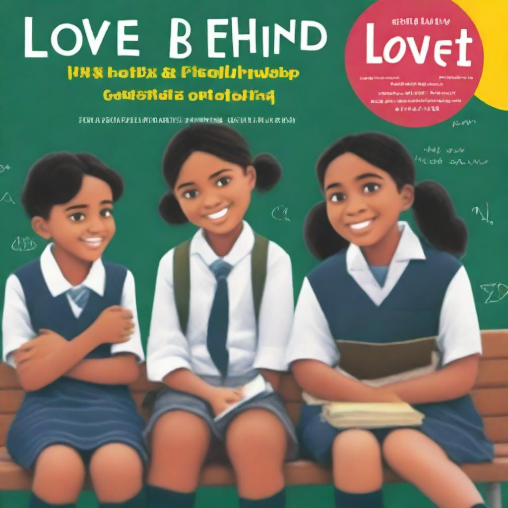 The cover of the book entitled 'Love Behind Friendship' depicts school children, two girls and two boys, sitting on a bench with a classroom in the background