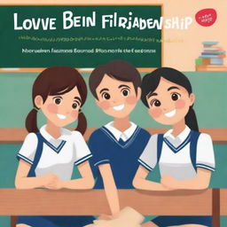 The cover of the book entitled 'Love Behind Friendship' depicts school children, two girls and two boys, sitting on a bench with a classroom in the background