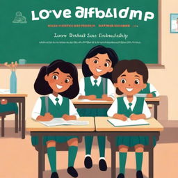 The cover of the book entitled 'Love Behind Friendship' depicts school children, two girls and two boys, sitting on a bench with a classroom in the background