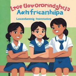 The cover of the book entitled 'Love Behind Friendship' depicts school children, two girls and two boys, sitting on a bench with a classroom in the background