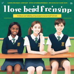 The cover of the book entitled 'Love Behind Friendship' depicts school teenagers, two girls and two boys, sitting on a bench with a classroom in the background