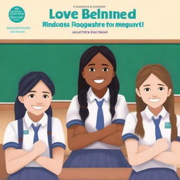 The cover of the book entitled 'Love Behind Friendship' depicts school teenagers, two girls and two boys, sitting on a bench with a classroom in the background