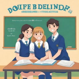 The cover of the book entitled 'Love Behind Friendship' depicts school teenagers, two girls and two boys, sitting on a bench with a classroom in the background