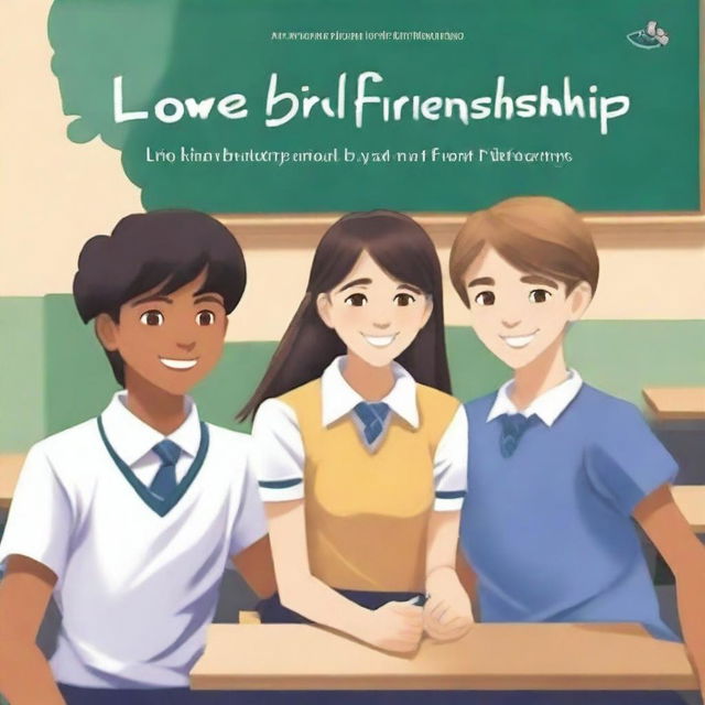 The cover of the book entitled 'Love Behind Friendship' depicts school teenagers, two girls and two boys, sitting on a bench with a classroom in the background