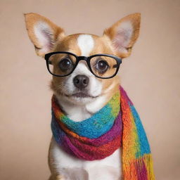 Cute little dog wearing sophisticated glasses and a colorful scarf