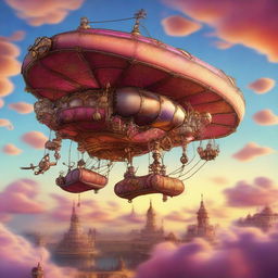 A fantastical scene featuring a flying machine and a flying carpet soaring through the sky