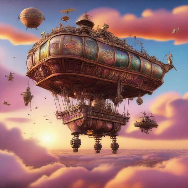 A fantastical scene featuring a flying machine and a flying carpet soaring through the sky