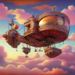 A fantastical scene featuring a flying machine and a flying carpet soaring through the sky