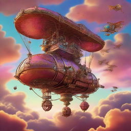 A fantastical scene featuring a flying machine and a flying carpet soaring through the sky