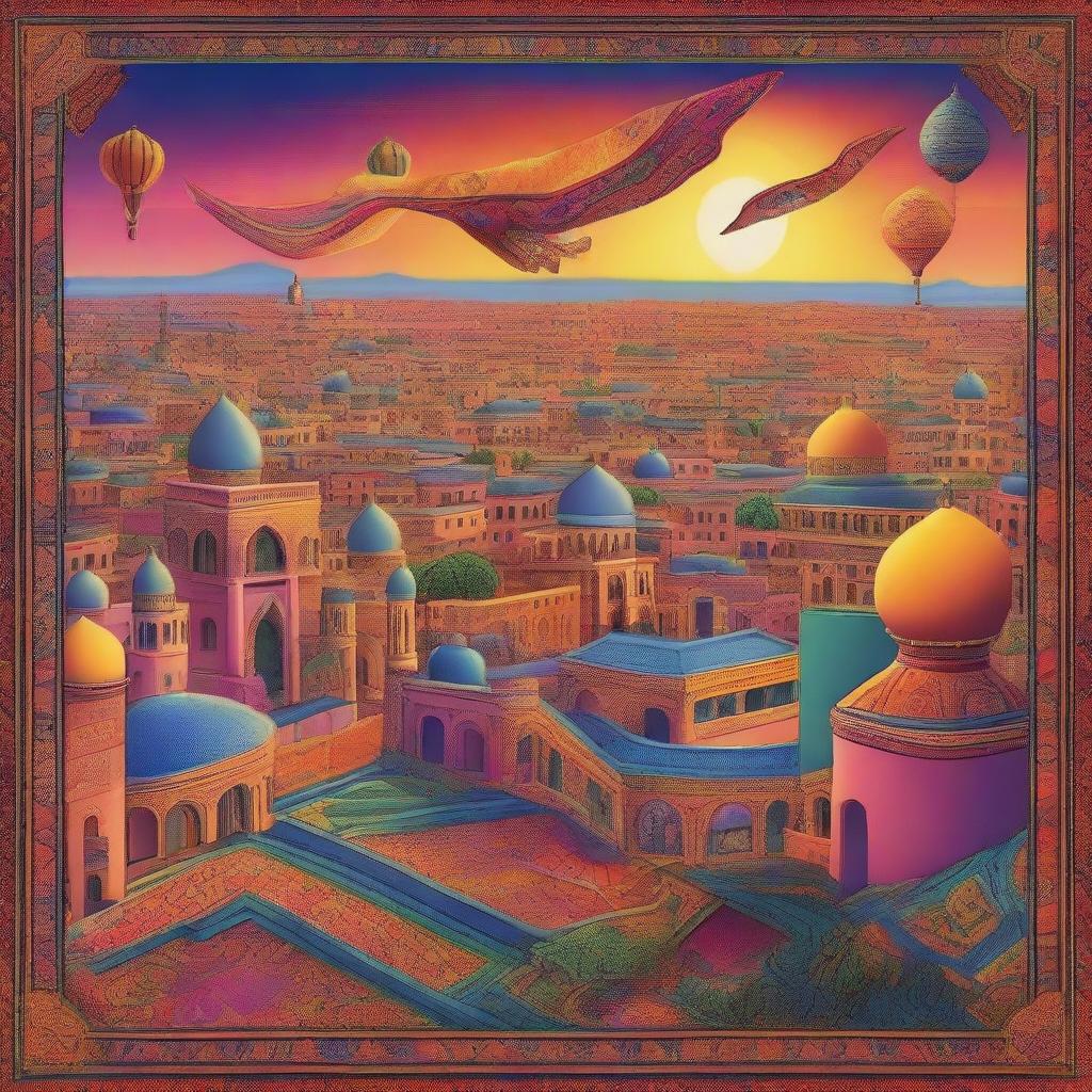 A vibrant and magical scene featuring a flying carpet soaring above a bustling cityscape at sunset