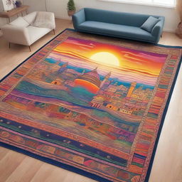 A vibrant and magical scene featuring a flying carpet soaring above a bustling cityscape at sunset