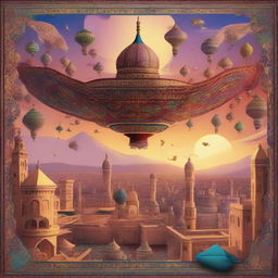 A vibrant and magical scene featuring a flying carpet soaring above a bustling cityscape at sunset