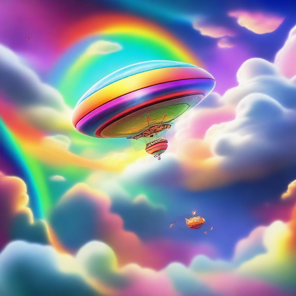 A whimsical and imaginative scene featuring a flying object soaring through the sky