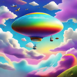 A whimsical and imaginative scene featuring a flying object soaring through the sky