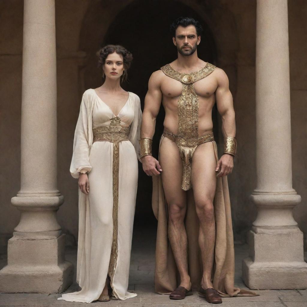 Abel, a figure from ancient times, stands beside an incredibly beautiful woman of his own epoch. They are dressed in vintage attire, representing the aesthetics of their time.