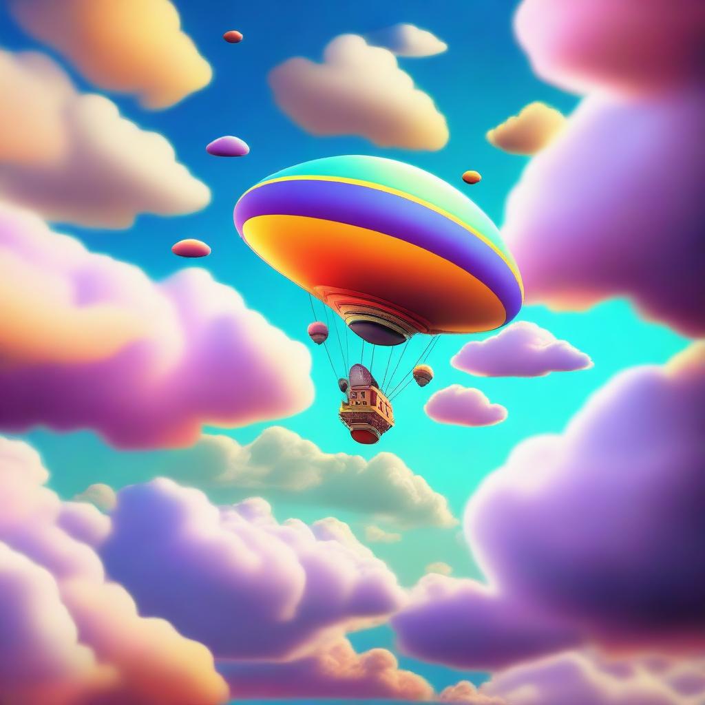 A whimsical and imaginative scene featuring a flying object soaring through the sky