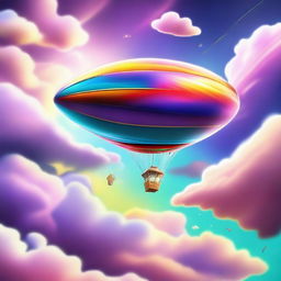 A whimsical and imaginative scene featuring a flying object soaring through the sky