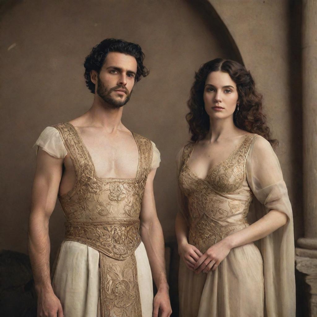 Abel, a figure from ancient times, stands beside an incredibly beautiful woman of his own epoch. They are dressed in vintage attire, representing the aesthetics of their time.