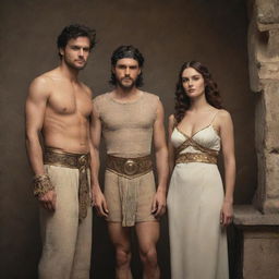 Abel, a figure from ancient times, stands beside an incredibly beautiful woman of his own epoch. They are dressed in vintage attire, representing the aesthetics of their time.
