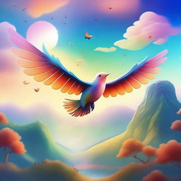 A fantastical scene featuring a flying thing soaring above a picturesque landscape