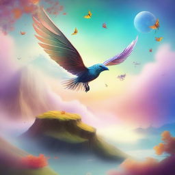 A fantastical scene featuring a flying thing soaring above a picturesque landscape