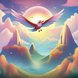 A fantastical scene featuring a flying thing soaring above a picturesque landscape