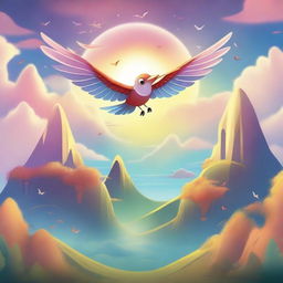 A fantastical scene featuring a flying thing soaring above a picturesque landscape