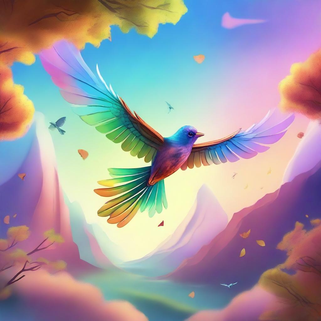 A fantastical scene featuring a flying thing soaring above a picturesque landscape