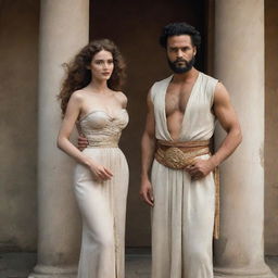 Abel, a figure from ancient times, stands beside an incredibly beautiful woman of his own epoch. They are dressed in vintage attire, representing the aesthetics of their time.