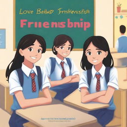 The cover of the book entitled 'Love Behind Friendship' depicts school teenagers, two girls and two boys, sitting on separate benches against a classroom background