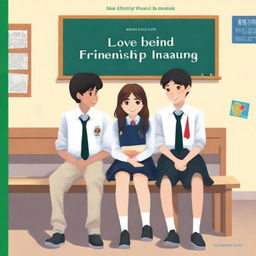 The cover of the book entitled 'Love Behind Friendship' depicts school teenagers, two girls and two boys, sitting on separate benches against a classroom background