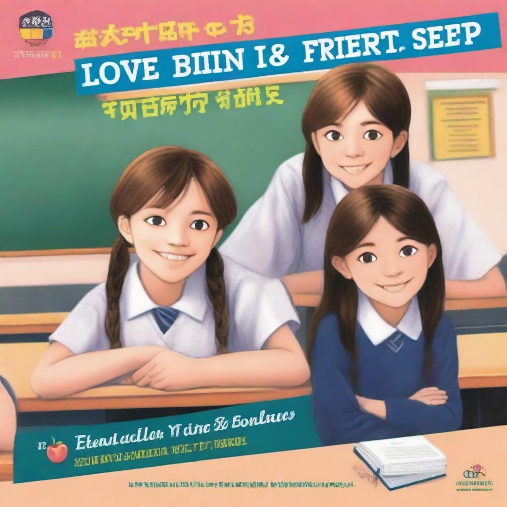 The cover of the book entitled 'Love Behind Friendship' depicts school teenagers, two girls and two boys, sitting on separate benches against a classroom background