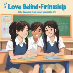 The cover of the book entitled 'Love Behind Friendship' depicts school teenagers, two girls and two boys, sitting on separate benches against a classroom background