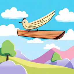 A whimsical and humorous scene featuring a flying wooden plank soaring through a bright, clear sky