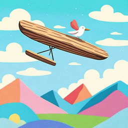 A whimsical and humorous scene featuring a flying wooden plank soaring through a bright, clear sky