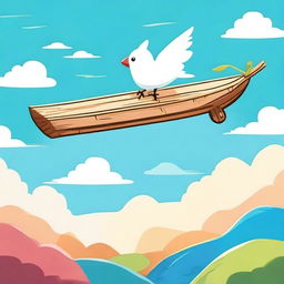 A whimsical and humorous scene featuring a flying wooden plank soaring through a bright, clear sky