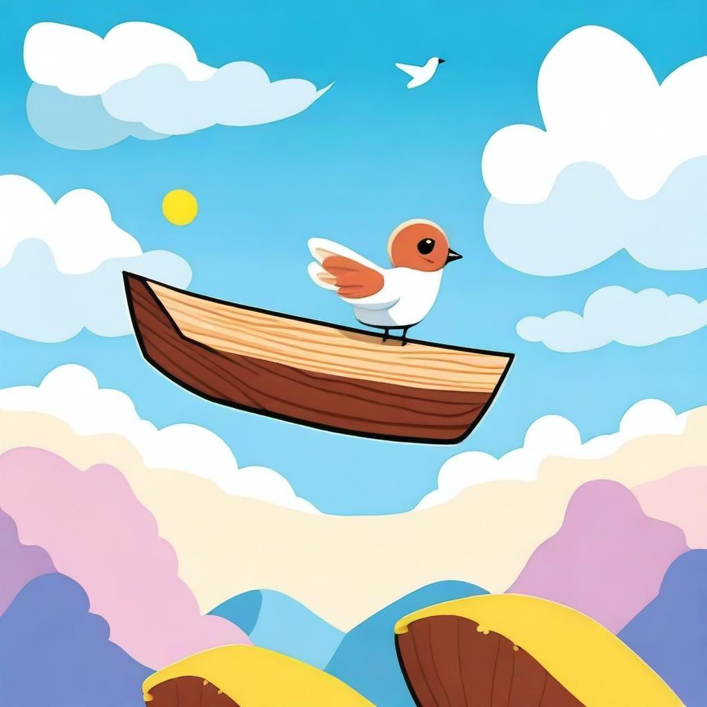 A whimsical and humorous scene featuring a flying wooden plank soaring through a bright, clear sky