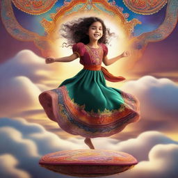 A magical scene featuring a young girl riding a flying carpet high above the clouds