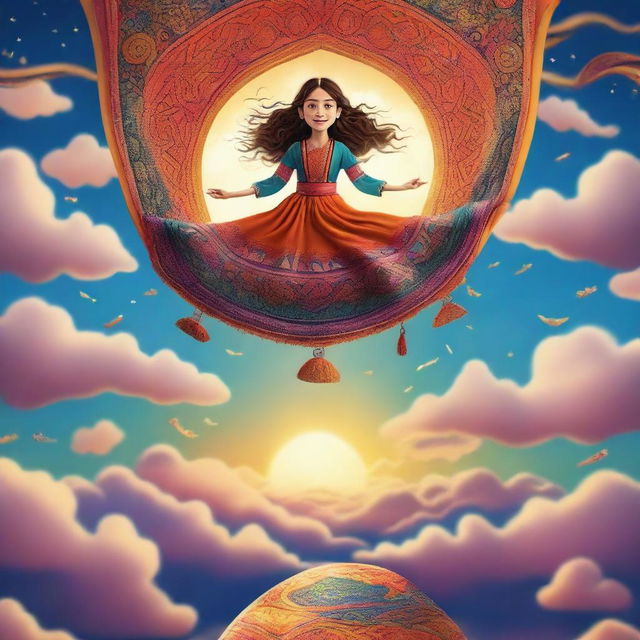 A magical scene featuring a young girl riding a flying carpet high above the clouds