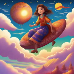 A magical scene featuring a young girl riding a flying carpet high above the clouds