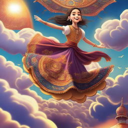 A magical scene featuring a young girl riding a flying carpet high above the clouds