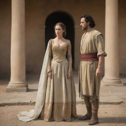 A scene where Abel, an ancient historical figure, is standing with a strikingly beautiful woman of his era. Both are garbed in period-appropriate attire, contributing to the authentic ambiance of the times.