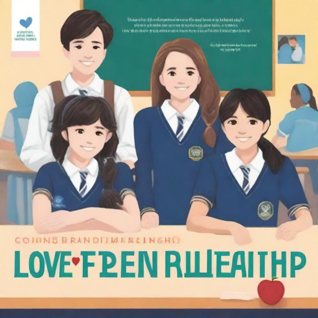 The cover of the book entitled 'Love Behind Friendship' depicts four high school students, two girls and two boys, sitting on separate benches with a classroom in the background