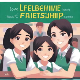 The cover of the book entitled 'Love Behind Friendship' depicts four high school students, two girls and two boys, sitting on separate benches with a classroom in the background