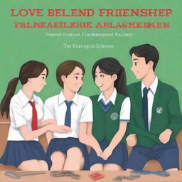 The cover of the book entitled 'Love Behind Friendship' depicts four high school students, two girls and two boys, sitting on separate benches with a classroom in the background