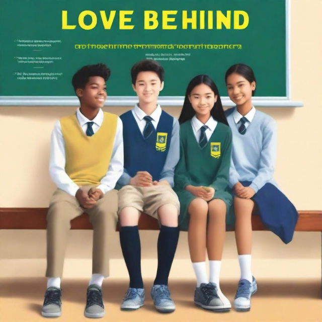 The cover of the book entitled 'Love Behind Friendship' depicts four high school students, two girls and two boys, sitting on separate benches with a classroom in the background