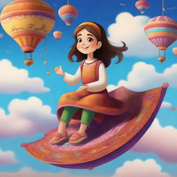 A charming scene featuring a small girl sitting on a flying carpet as it glides through the sky